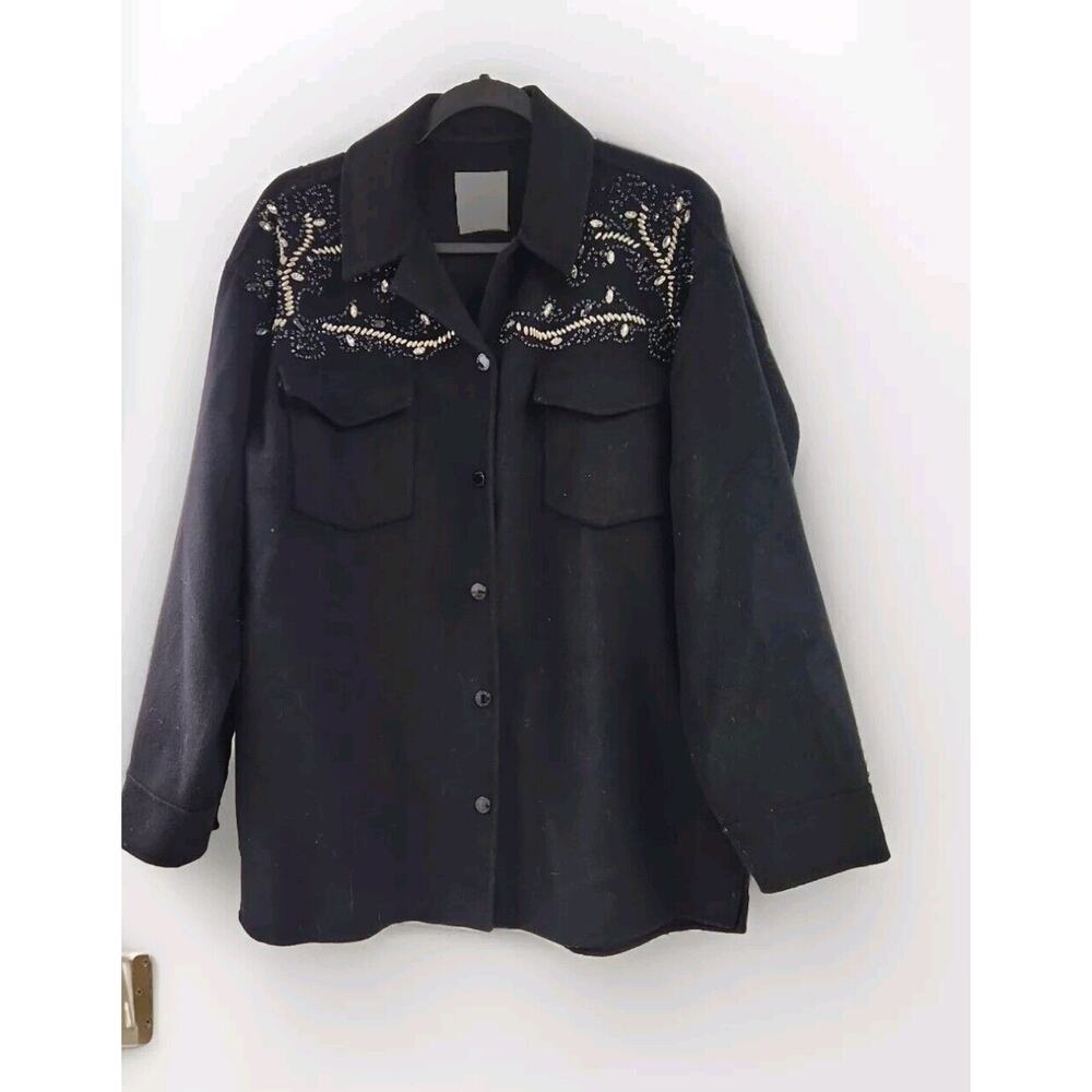 Sandro Paris Women's Fleece Wool Beaded Jacket Black Size 40 Pre-owned